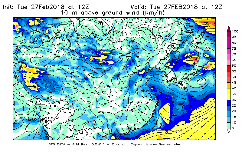 Mappa di analisi GFS - Velocità del vento a 10 metri dal suolo [km/h] in Asia Orientale
							del 27/02/2018 12 <!--googleoff: index-->UTC<!--googleon: index-->