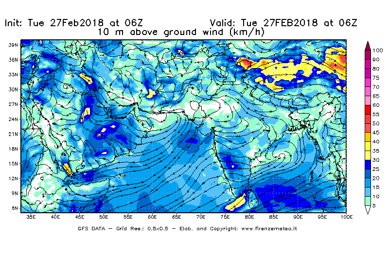 Mappa di analisi GFS - Velocità del vento a 10 metri dal suolo [km/h] in Asia Sud-Occidentale
							del 27/02/2018 06 <!--googleoff: index-->UTC<!--googleon: index-->