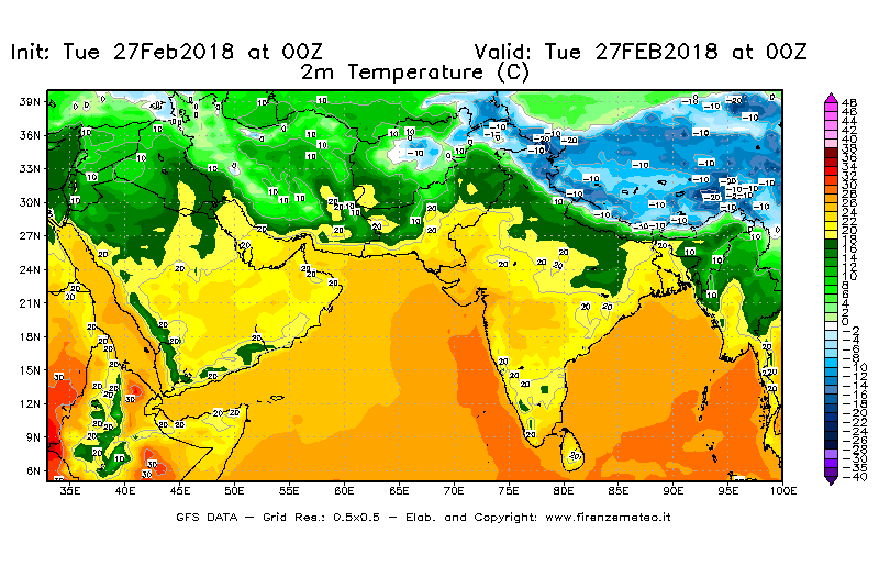 Mappa di analisi GFS - Temperatura a 2 metri dal suolo [°C] in Asia Sud-Occidentale
							del 27/02/2018 00 <!--googleoff: index-->UTC<!--googleon: index-->