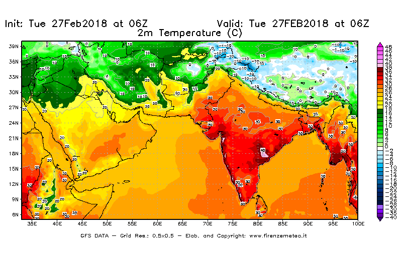 Mappa di analisi GFS - Temperatura a 2 metri dal suolo [°C] in Asia Sud-Occidentale
							del 27/02/2018 06 <!--googleoff: index-->UTC<!--googleon: index-->