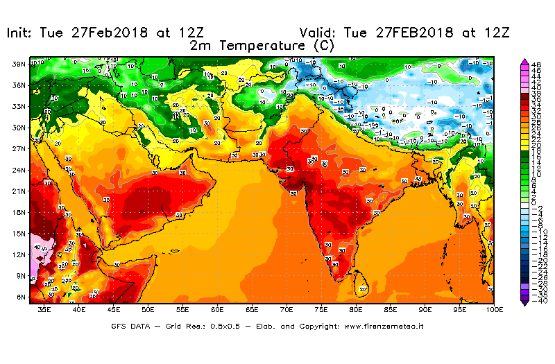 Mappa di analisi GFS - Temperatura a 2 metri dal suolo [°C] in Asia Sud-Occidentale
							del 27/02/2018 12 <!--googleoff: index-->UTC<!--googleon: index-->