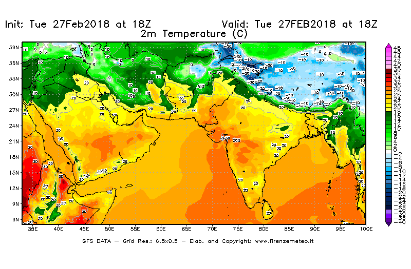 Mappa di analisi GFS - Temperatura a 2 metri dal suolo [°C] in Asia Sud-Occidentale
							del 27/02/2018 18 <!--googleoff: index-->UTC<!--googleon: index-->