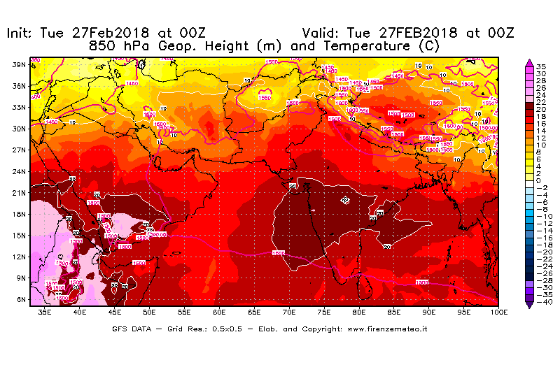 Mappa di analisi GFS - Geopotenziale [m] e Temperatura [°C] a 850 hPa in Asia Sud-Occidentale
							del 27/02/2018 00 <!--googleoff: index-->UTC<!--googleon: index-->
