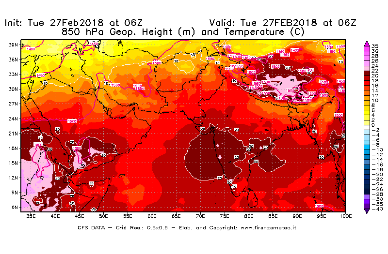 Mappa di analisi GFS - Geopotenziale [m] e Temperatura [°C] a 850 hPa in Asia Sud-Occidentale
							del 27/02/2018 06 <!--googleoff: index-->UTC<!--googleon: index-->