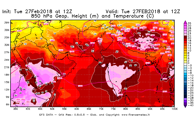 Mappa di analisi GFS - Geopotenziale [m] e Temperatura [°C] a 850 hPa in Asia Sud-Occidentale
							del 27/02/2018 12 <!--googleoff: index-->UTC<!--googleon: index-->