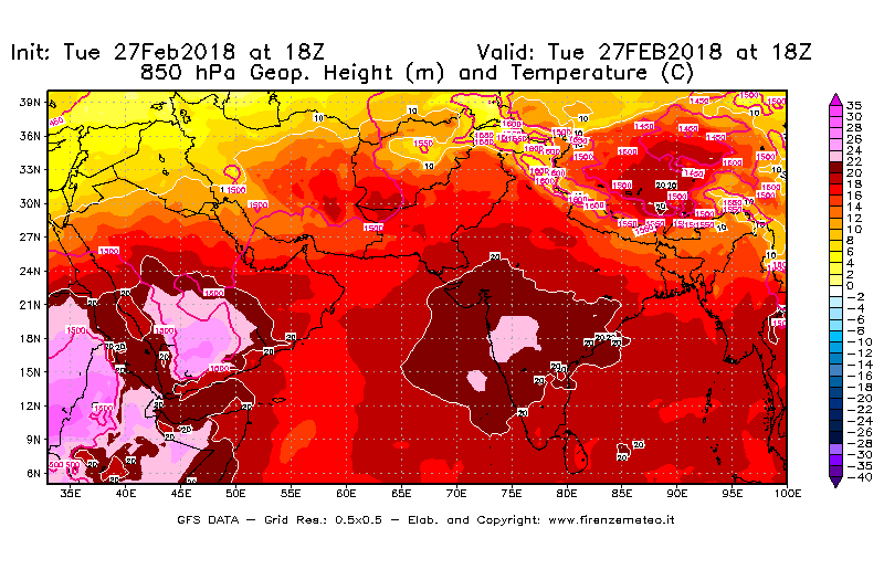 Mappa di analisi GFS - Geopotenziale [m] e Temperatura [°C] a 850 hPa in Asia Sud-Occidentale
							del 27/02/2018 18 <!--googleoff: index-->UTC<!--googleon: index-->