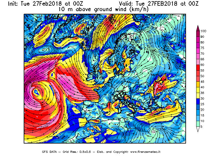 Mappa di analisi GFS - Velocità del vento a 10 metri dal suolo [km/h] in Europa
							del 27/02/2018 00 <!--googleoff: index-->UTC<!--googleon: index-->