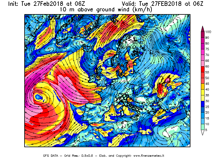 Mappa di analisi GFS - Velocità del vento a 10 metri dal suolo [km/h] in Europa
							del 27/02/2018 06 <!--googleoff: index-->UTC<!--googleon: index-->