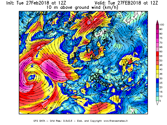 Mappa di analisi GFS - Velocità del vento a 10 metri dal suolo [km/h] in Europa
							del 27/02/2018 12 <!--googleoff: index-->UTC<!--googleon: index-->