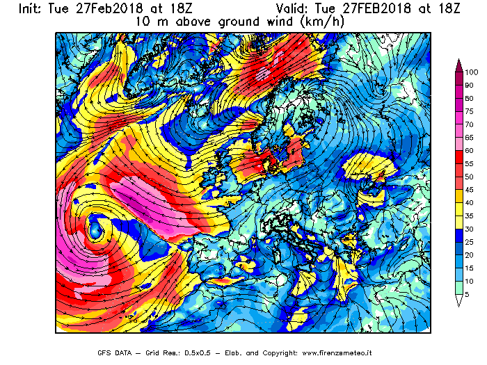 Mappa di analisi GFS - Velocità del vento a 10 metri dal suolo [km/h] in Europa
							del 27/02/2018 18 <!--googleoff: index-->UTC<!--googleon: index-->