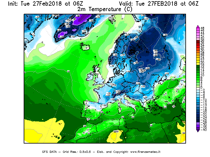 Mappa di analisi GFS - Temperatura a 2 metri dal suolo [°C] in Europa
							del 27/02/2018 06 <!--googleoff: index-->UTC<!--googleon: index-->