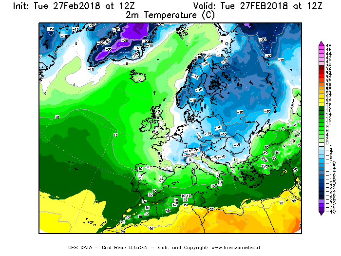 Mappa di analisi GFS - Temperatura a 2 metri dal suolo [°C] in Europa
							del 27/02/2018 12 <!--googleoff: index-->UTC<!--googleon: index-->