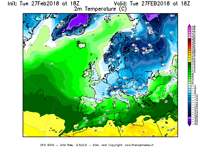 Mappa di analisi GFS - Temperatura a 2 metri dal suolo [°C] in Europa
							del 27/02/2018 18 <!--googleoff: index-->UTC<!--googleon: index-->