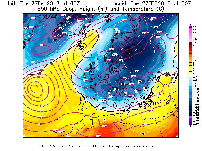 Mappa di analisi GFS - Geopotenziale [m] e Temperatura [°C] a 850 hPa in Europa
							del 27/02/2018 00 <!--googleoff: index-->UTC<!--googleon: index-->