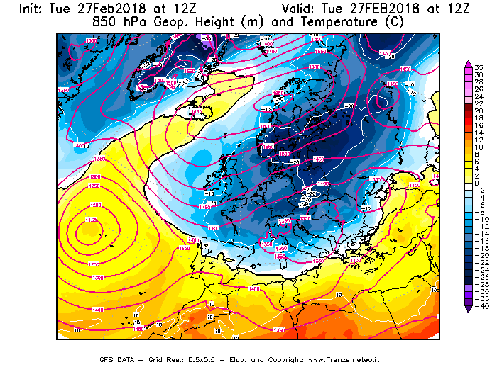 Mappa di analisi GFS - Geopotenziale [m] e Temperatura [°C] a 850 hPa in Europa
							del 27/02/2018 12 <!--googleoff: index-->UTC<!--googleon: index-->