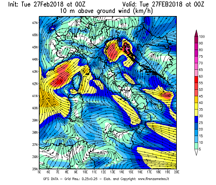 Mappa di analisi GFS - Velocità del vento a 10 metri dal suolo [km/h] in Italia
							del 27/02/2018 00 <!--googleoff: index-->UTC<!--googleon: index-->