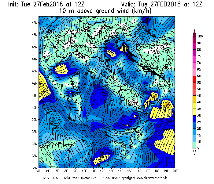Mappa di analisi GFS - Velocità del vento a 10 metri dal suolo [km/h] in Italia
							del 27/02/2018 12 <!--googleoff: index-->UTC<!--googleon: index-->