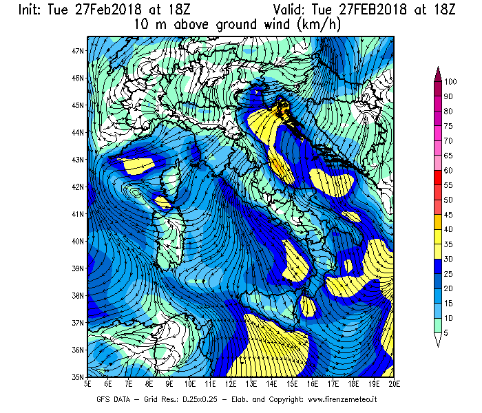 Mappa di analisi GFS - Velocità del vento a 10 metri dal suolo [km/h] in Italia
							del 27/02/2018 18 <!--googleoff: index-->UTC<!--googleon: index-->