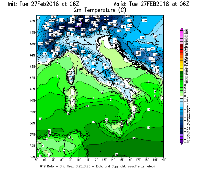 Mappa di analisi GFS - Temperatura a 2 metri dal suolo [°C] in Italia
							del 27/02/2018 06 <!--googleoff: index-->UTC<!--googleon: index-->