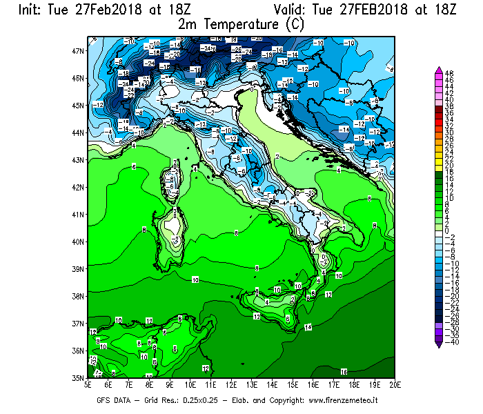 Mappa di analisi GFS - Temperatura a 2 metri dal suolo [°C] in Italia
							del 27/02/2018 18 <!--googleoff: index-->UTC<!--googleon: index-->