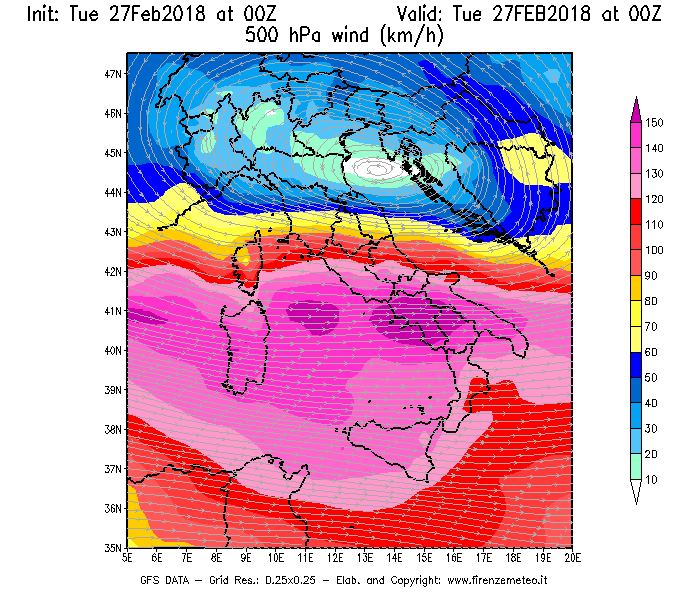 Mappa di analisi GFS - Velocità del vento a 500 hPa [km/h] in Italia
							del 27/02/2018 00 <!--googleoff: index-->UTC<!--googleon: index-->