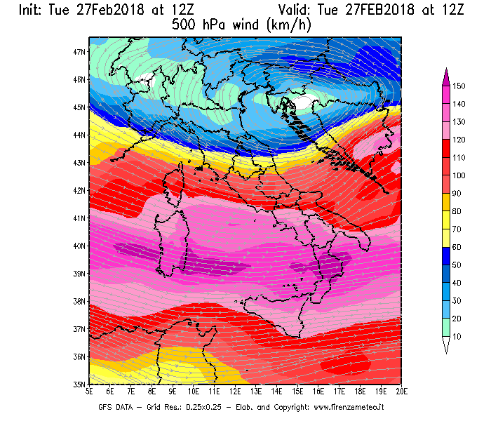 Mappa di analisi GFS - Velocità del vento a 500 hPa [km/h] in Italia
							del 27/02/2018 12 <!--googleoff: index-->UTC<!--googleon: index-->