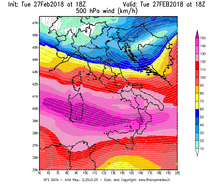 Mappa di analisi GFS - Velocità del vento a 500 hPa [km/h] in Italia
							del 27/02/2018 18 <!--googleoff: index-->UTC<!--googleon: index-->