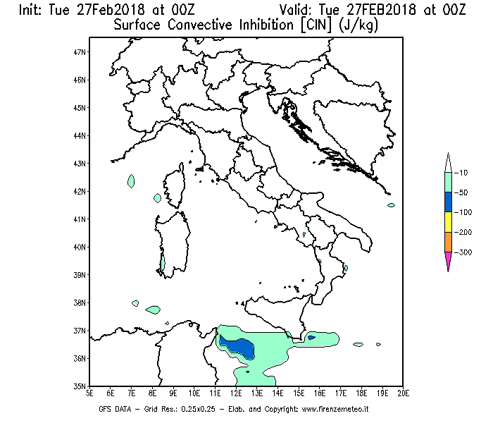 Mappa di analisi GFS - CIN [J/kg] in Italia
							del 27/02/2018 00 <!--googleoff: index-->UTC<!--googleon: index-->