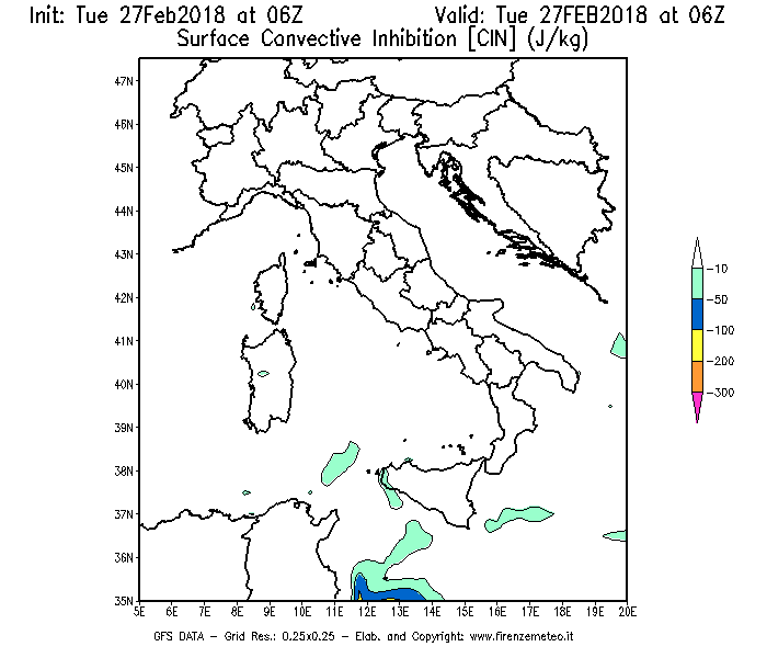 Mappa di analisi GFS - CIN [J/kg] in Italia
							del 27/02/2018 06 <!--googleoff: index-->UTC<!--googleon: index-->
