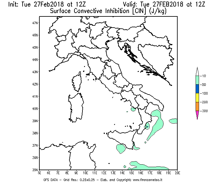 Mappa di analisi GFS - CIN [J/kg] in Italia
							del 27/02/2018 12 <!--googleoff: index-->UTC<!--googleon: index-->
