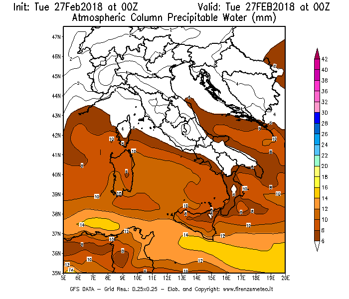 Mappa di analisi GFS - Precipitable Water [mm] in Italia
							del 27/02/2018 00 <!--googleoff: index-->UTC<!--googleon: index-->