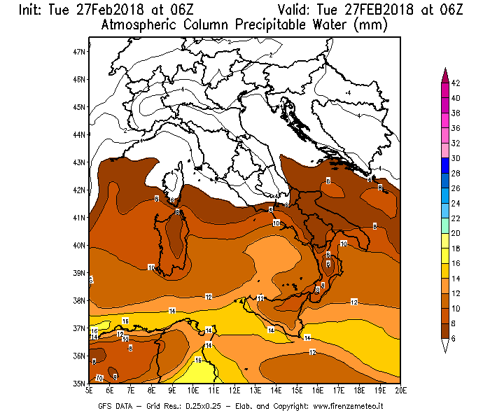 Mappa di analisi GFS - Precipitable Water [mm] in Italia
							del 27/02/2018 06 <!--googleoff: index-->UTC<!--googleon: index-->