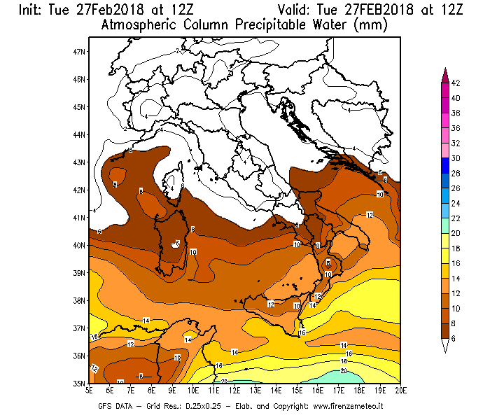 Mappa di analisi GFS - Precipitable Water [mm] in Italia
							del 27/02/2018 12 <!--googleoff: index-->UTC<!--googleon: index-->