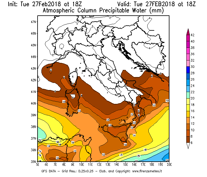 Mappa di analisi GFS - Precipitable Water [mm] in Italia
							del 27/02/2018 18 <!--googleoff: index-->UTC<!--googleon: index-->