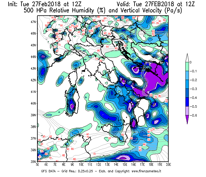 Mappa di analisi GFS - Umidità relativa [%] e Omega [Pa/s] a 500 hPa in Italia
							del 27/02/2018 12 <!--googleoff: index-->UTC<!--googleon: index-->