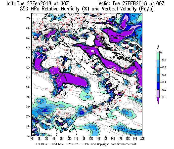 Mappa di analisi GFS - Umidità relativa [%] e Omega [Pa/s] a 850 hPa in Italia
							del 27/02/2018 00 <!--googleoff: index-->UTC<!--googleon: index-->
