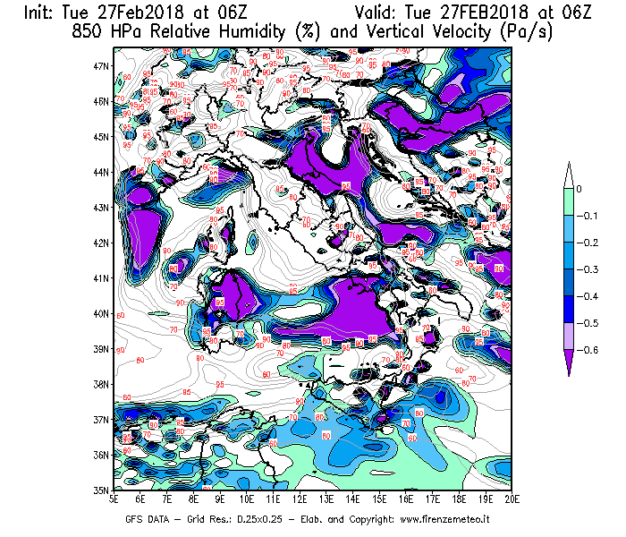 Mappa di analisi GFS - Umidità relativa [%] e Omega [Pa/s] a 850 hPa in Italia
							del 27/02/2018 06 <!--googleoff: index-->UTC<!--googleon: index-->