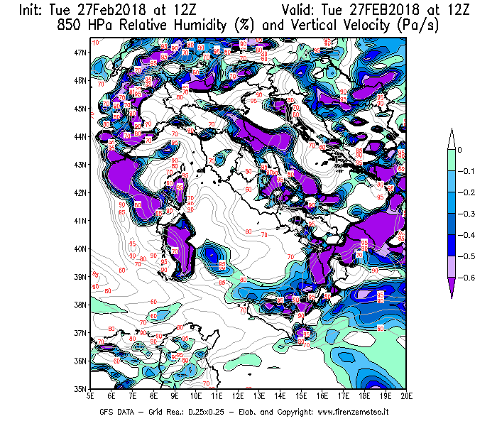 Mappa di analisi GFS - Umidità relativa [%] e Omega [Pa/s] a 850 hPa in Italia
							del 27/02/2018 12 <!--googleoff: index-->UTC<!--googleon: index-->