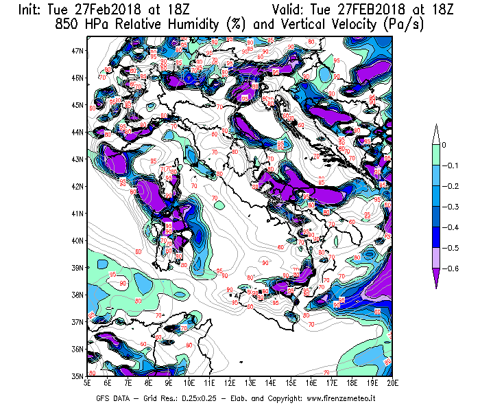 Mappa di analisi GFS - Umidità relativa [%] e Omega [Pa/s] a 850 hPa in Italia
							del 27/02/2018 18 <!--googleoff: index-->UTC<!--googleon: index-->