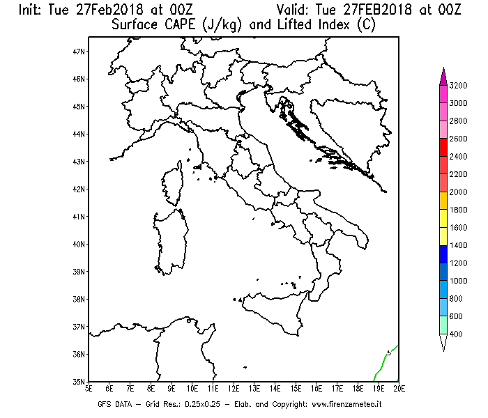 Mappa di analisi GFS - CAPE [J/kg] e Lifted Index [°C] in Italia
							del 27/02/2018 00 <!--googleoff: index-->UTC<!--googleon: index-->