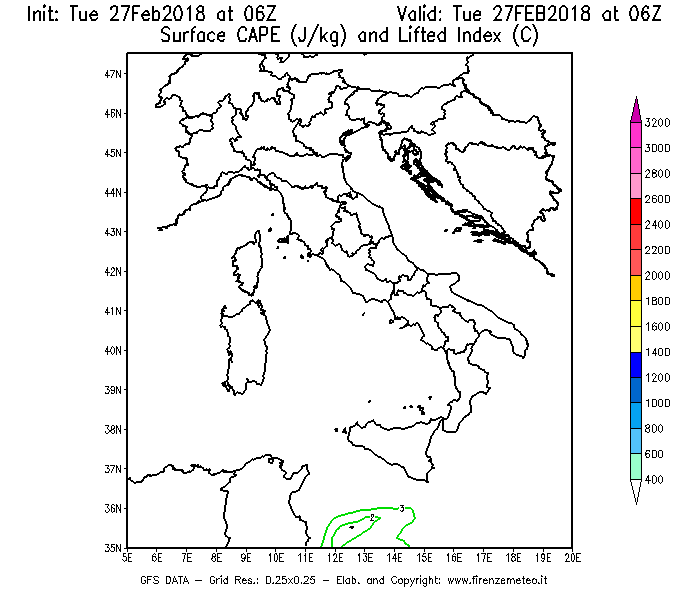 Mappa di analisi GFS - CAPE [J/kg] e Lifted Index [°C] in Italia
							del 27/02/2018 06 <!--googleoff: index-->UTC<!--googleon: index-->