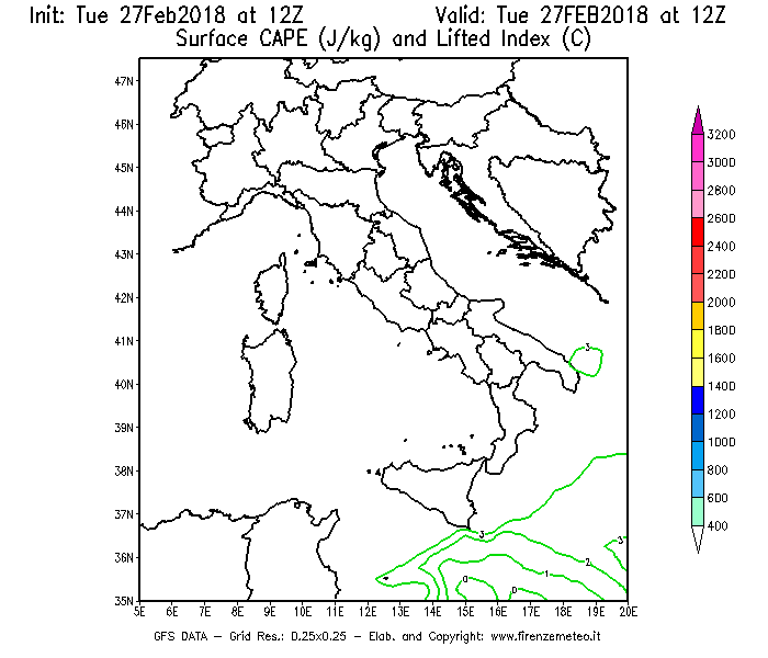 Mappa di analisi GFS - CAPE [J/kg] e Lifted Index [°C] in Italia
							del 27/02/2018 12 <!--googleoff: index-->UTC<!--googleon: index-->