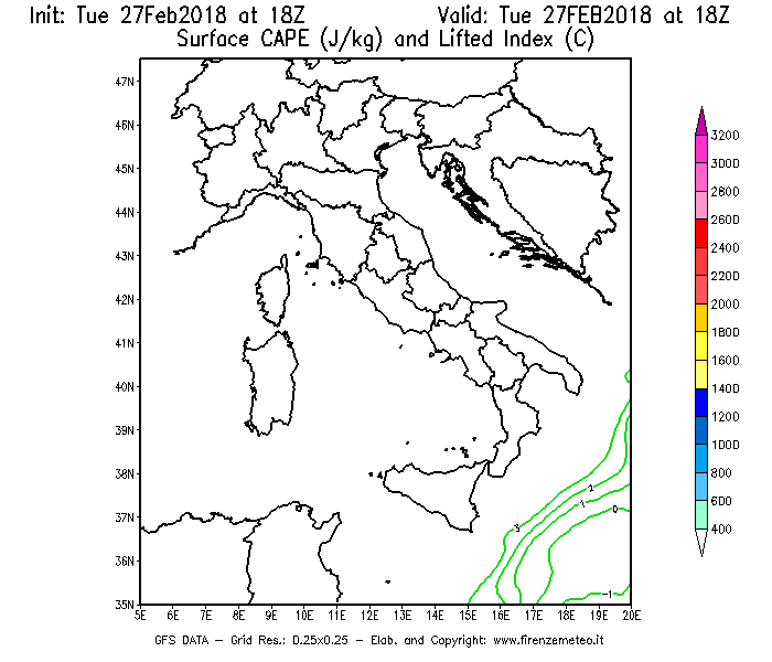 Mappa di analisi GFS - CAPE [J/kg] e Lifted Index [°C] in Italia
							del 27/02/2018 18 <!--googleoff: index-->UTC<!--googleon: index-->
