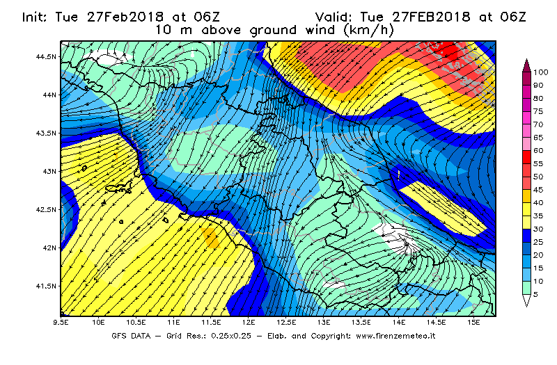 Mappa di analisi GFS - Velocità del vento a 10 metri dal suolo [km/h] in Centro-Italia
							del 27/02/2018 06 <!--googleoff: index-->UTC<!--googleon: index-->