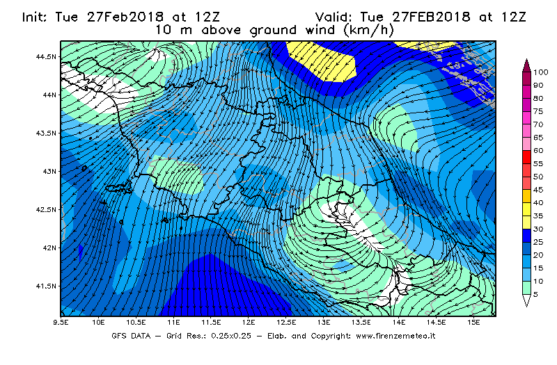 Mappa di analisi GFS - Velocità del vento a 10 metri dal suolo [km/h] in Centro-Italia
							del 27/02/2018 12 <!--googleoff: index-->UTC<!--googleon: index-->