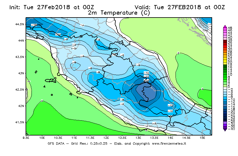 Mappa di analisi GFS - Temperatura a 2 metri dal suolo [°C] in Centro-Italia
							del 27/02/2018 00 <!--googleoff: index-->UTC<!--googleon: index-->