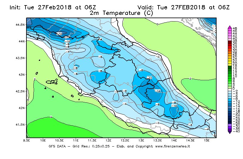 Mappa di analisi GFS - Temperatura a 2 metri dal suolo [°C] in Centro-Italia
							del 27/02/2018 06 <!--googleoff: index-->UTC<!--googleon: index-->