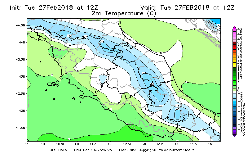 Mappa di analisi GFS - Temperatura a 2 metri dal suolo [°C] in Centro-Italia
							del 27/02/2018 12 <!--googleoff: index-->UTC<!--googleon: index-->