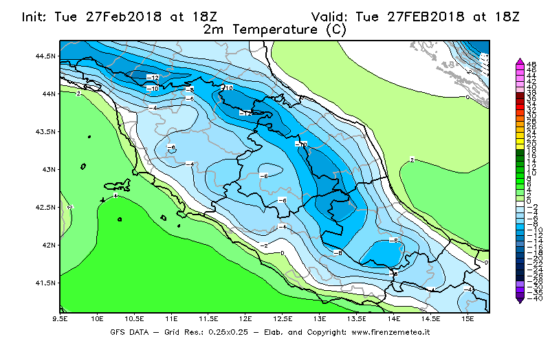 Mappa di analisi GFS - Temperatura a 2 metri dal suolo [°C] in Centro-Italia
							del 27/02/2018 18 <!--googleoff: index-->UTC<!--googleon: index-->