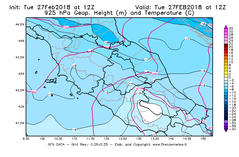Mappa di analisi GFS - Geopotenziale [m] e Temperatura [°C] a 925 hPa in Centro-Italia
							del 27/02/2018 12 <!--googleoff: index-->UTC<!--googleon: index-->